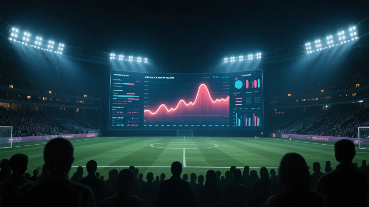 世界杯数据大屏与社交热度曲线的可视化场景，体育场灯光下的数字图表风格